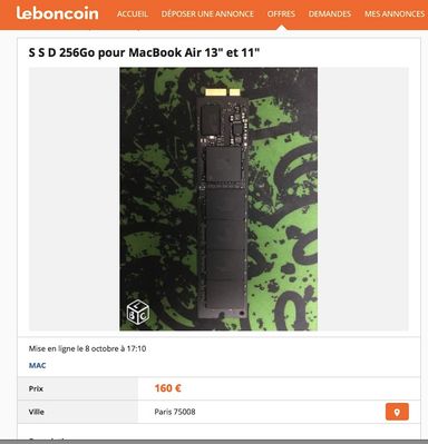 Capture d’écran d’une annonce leboncoin pour un SSD MacBook Air