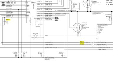 Schéma détaillé de la zone touchée de la carte mère de Macbook Pro. En jaune, les composants changés.